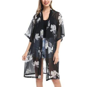 🆕Women White Chiffon Kimono Bathing Suit Cover Up Open Front Summer Dress
